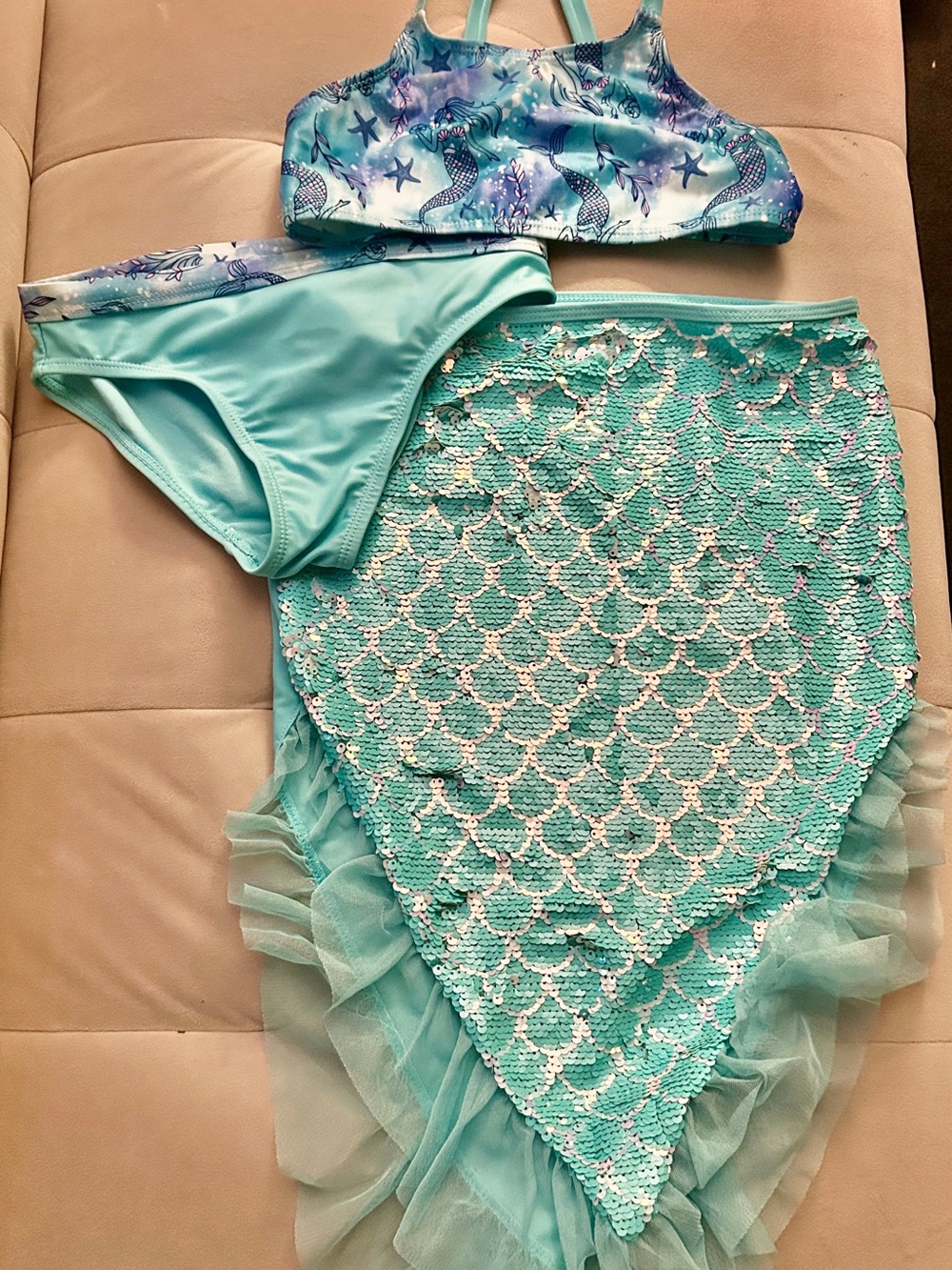 Wonder Nation Aqua Teal Mermaid Bikini Set and Sequin Mermaid Tail